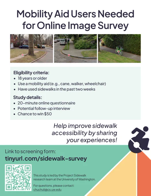 Mobility aid flyer for our study showing three images of different sidewalk barriers and eligibility criteria