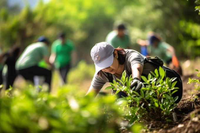 A person works in a green, leafy garden. Other people appear at work in the background.