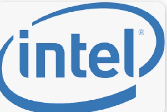 The Intel logo, a blue "intel" wordmark in a blue, curved line.