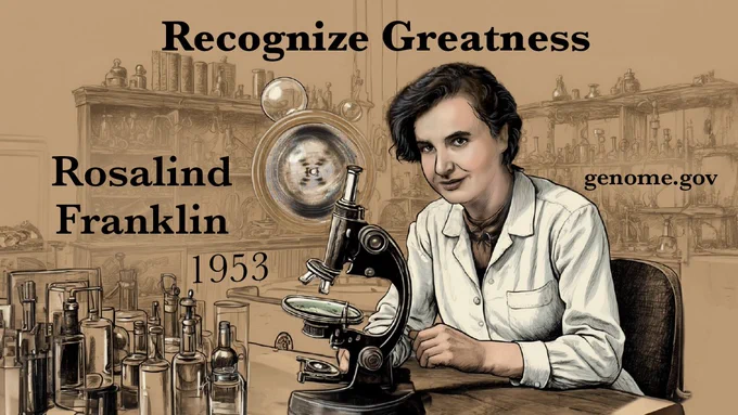 An illustrated graphic of Rosalind Franklin sitting at a microscope with the historic Photo 51. The text says "Recognize Greatness" and "Rosalind Franklin, 1953." 
