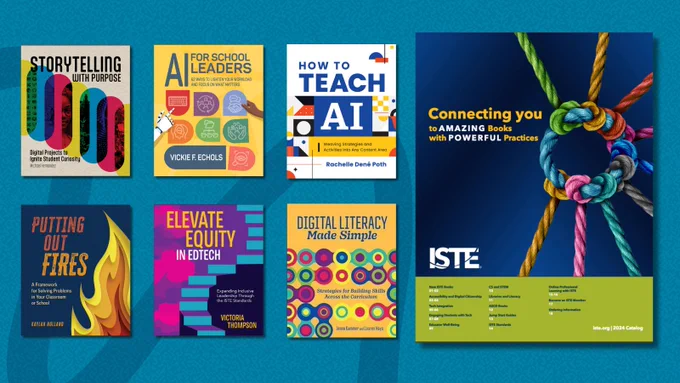 This image features a collage of seven colorful book covers, each focused on topics related to education, technology, and literacy. The titles include "Storytelling with Purpose" by Bright Inklings, "A Guide for School Leaders" which discusses future-ready practices, "How to Teach AI" by Bootstrap Robotics that includes AI image prompts, "Connecting you to Amazing Books with Powerful Practices", "Putting Out Fires" which appears to focus on solving challenges, "Elevate Equity in EdTech" by Vivian A. Host, and "Digital Literacy Made Simple" by IST that simplifies technology integration. The image also shows the publication information for IST magazine on the last book cover, issued May 2023, Vol 2, and the Catalog number.