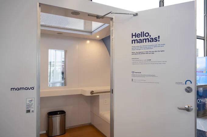 MAMAVA pod ajar showing inside of unit at Chicago's airports.