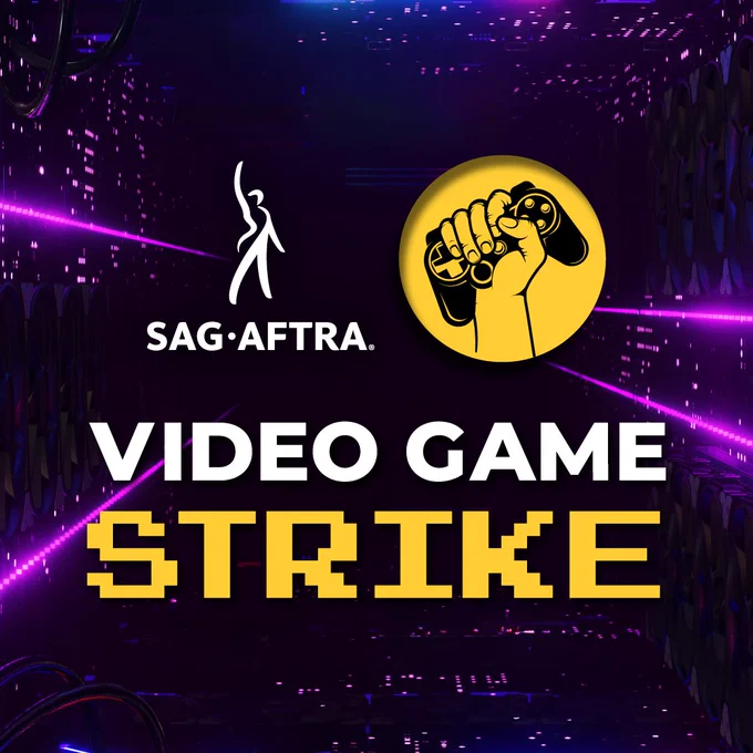 On a purple background with streaks of purple light. The white SAG-AFTRA logo with a figure raising its right arm next to a yellow circle with a fist holding a game controller inside it. Below, in white font: VIDEO GAME. Below, in yellow pixelated font: STRIKE. 
