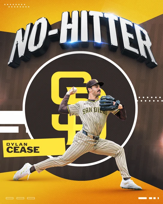 Dylan Cease No-Hitter Graphic
Pictured: Dylan Cease delivers a pitch in a sand-colored Padres uniform with brown pinstripes.