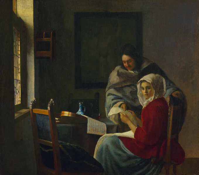 Painting of a woman sitting at a table holding sheet music with a man leaning over her shoulder
