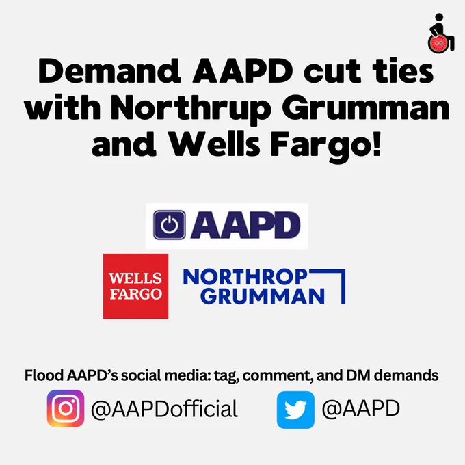 Demand AAPD cut ties with Northrup Grumman and Wells Fargo!
Flood AAPD’s social media: tag, comment, and DM demands
Instagram: AAPD official
Twitter: AAPD