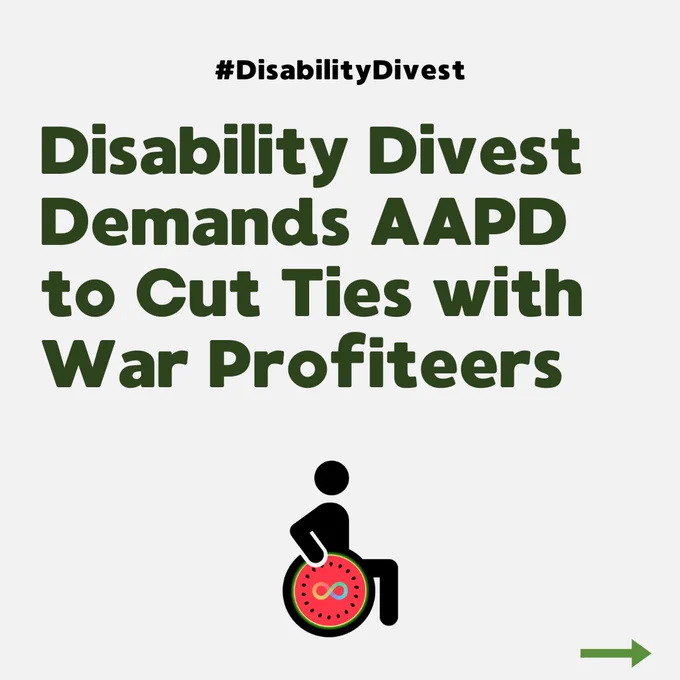 Disability Divest logo, a wheelchair user icon, but the wheel of the wheelchair is the inside slice of a watermelon. At the center of the watermelon is the rainbow neurodivergence infinity sign.