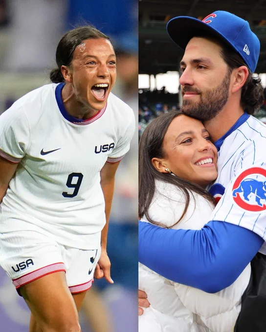 Left photo: Mallory Swanson celebrating during the Game 1 of the Paris Olympics

Right photo: Mallory and Dansby Swanson embracing at Wrigley Field. Dansby is wearing his Cubs uniform and Mallory is wearing a white coat.