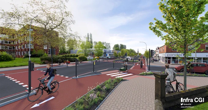 CGI image showing cycleways along the A6 near the Heatons in Stockport 