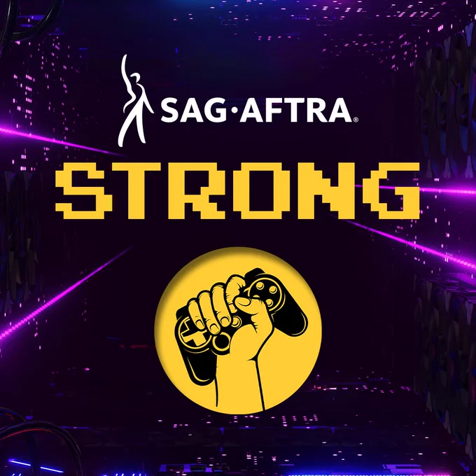 On a purple background with streaks of purple light. The white SAG-AFTRA logo with a figure raising its right arm. Below, in yellow pixelated font: STRONG. Below, a yellow circle with a fist holding a game controller inside it.