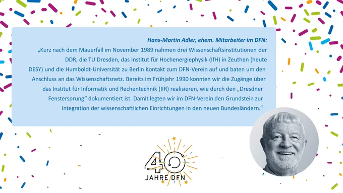 In der Mitte der Bildkachel ist auf hellblauem Hintergrund ein Zitat zu sehen: Text: Hans-Martin Adler, ehem. Mitarbeiter im DFN: „Kurz nach dem Mauerfall im November 1989 nahmen drei Wissenschaftsinstitutionen der DDR, die TU Dresden, das Institut für Hochenergiephysik (IfH) in Zeuthen (heute DESY) und die Humboldt-Universität zu Berlin Kontakt zum DFN-Verein auf und baten um den Anschluss an das Wissenschaftsnetz. Bereits im Frühjahr 1990 konnten wir die Zugänge über das Institut für Informatik und Rechentechnik (IIR) realisieren, wie durch den „Dresdner Fenstersprung“ dokumentiert ist. Damit legten wir im DFN-Verein den Grundstein zur Integration der wissenschaftlichen Einrichtungen in den neuen Bundesländern.“ 
Darunter ist das Icon “40 Jahre DFN” zu sehen, rechts davon ein Foto des Zitatgebers. Im Hintergrund ist mit kleinen kurzen Strichen Konfetti angedeutet.

