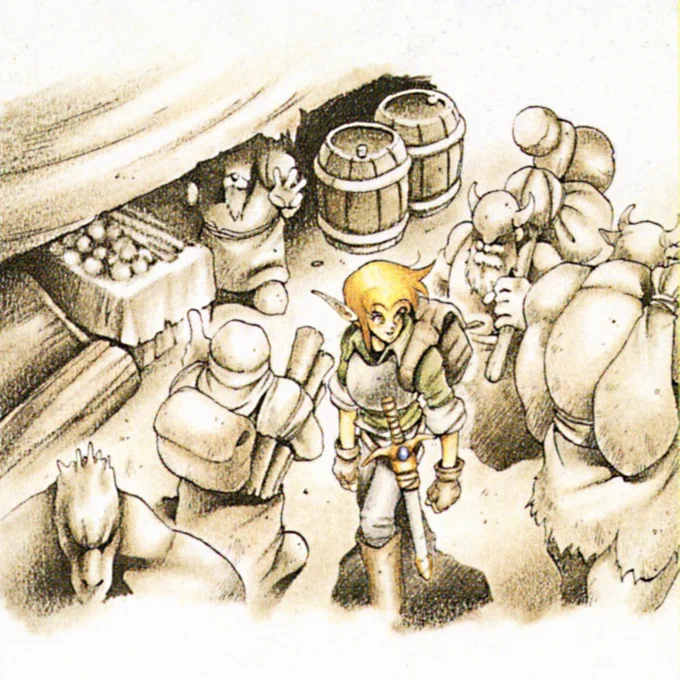 Landstalker clean artwork by Yoshitaka Tamaki used in the Japanese Sega Mega Drive instruction manual. 