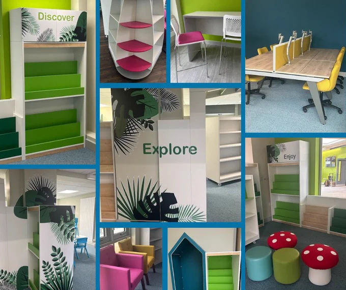 A collage of photographs of the inside of the new Clifton Explore Centre, including shelving, seating and desk areas.