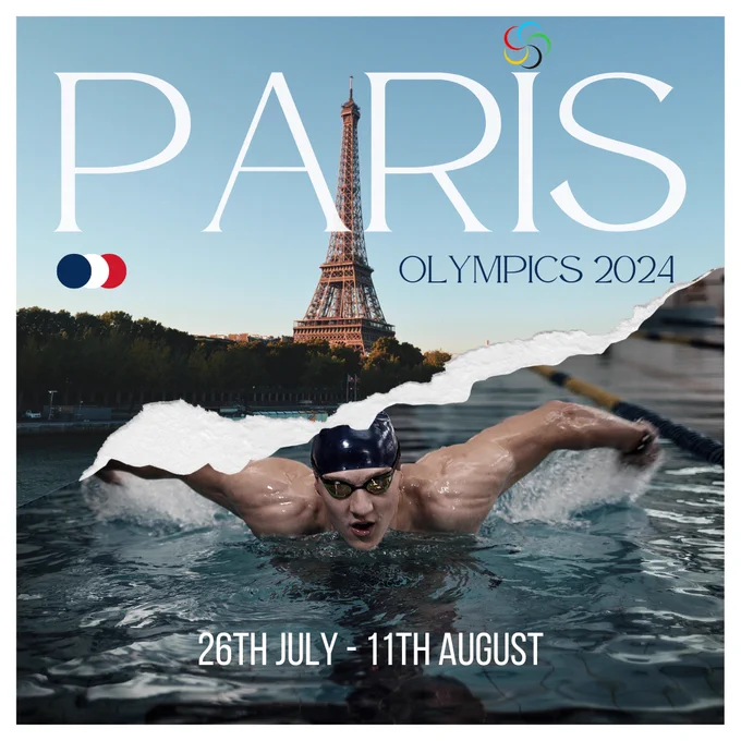 A picture made of two images. The top image is of the Eiffel Tower. The bottom image is of an Olympic swimmer. There is also some text which reads 'Paris Olympics 2024, 26th July to 11th August.
