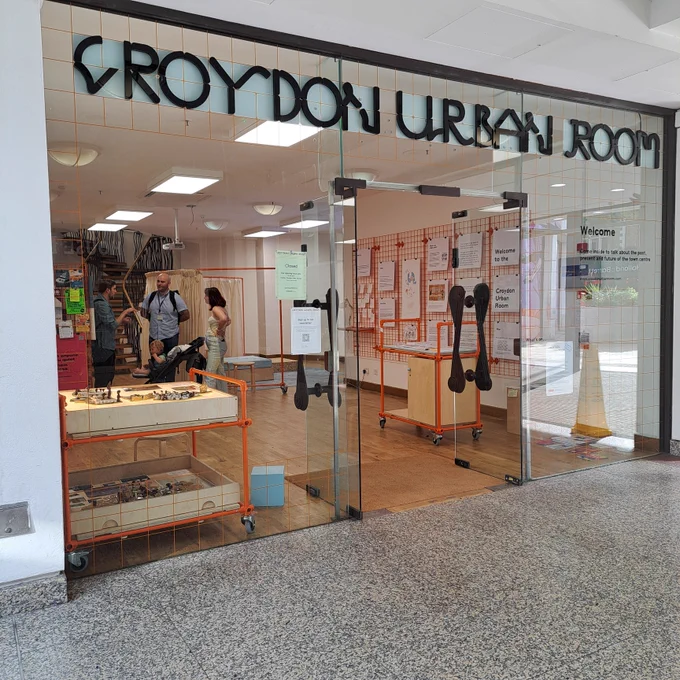 Photo of the front window of the Croydon Urban Room in the Whitgift Centre