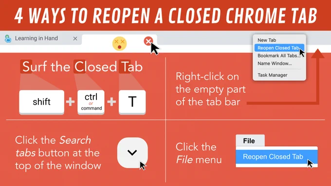 4 Ways to Reopen a Closed Chrome Tab

Click the File menu and choose Reopen Closed Tab.
Right-click in the empty part of the tab bar and select Reopen Closed Tab.
Click the Search tabs button at the top of the window.
Use the keyboard shortcut Ctrl-Shift-T or ⌘-Shift-T.