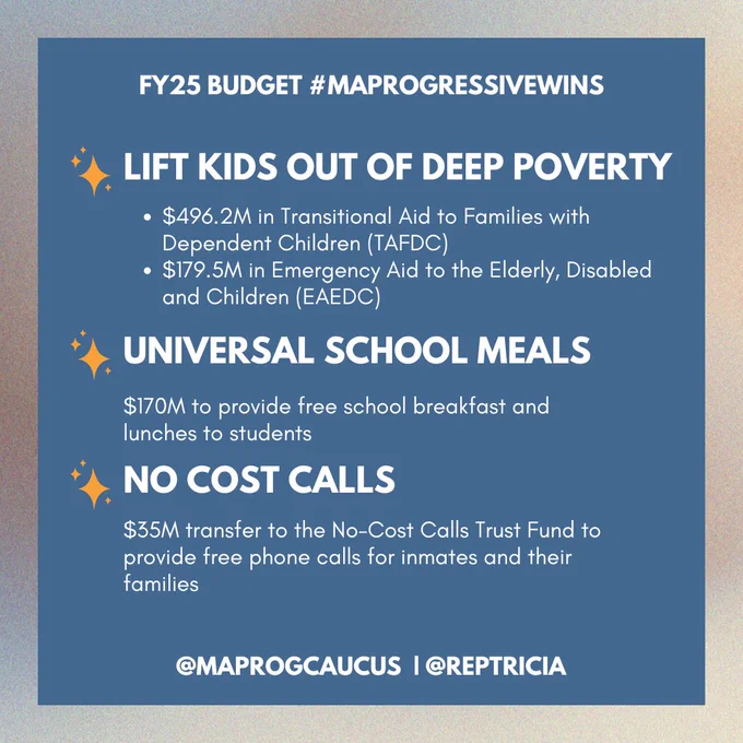 This post reads as follows: 

Lift kids out of deep poverty: $496.2M in Transitional Aid to Families with Dependent Children (TAFDC) and $179.5M in Emergency Aid to the Elderly, Disabled and Children (EAEDC)

Universal school meals: $170M to provide free school breakfast and lunches to students. 

No cost calls: $35M transfer to the No-Cost Calls Trust Fund to provide free phone calls for inmates and their families. 
