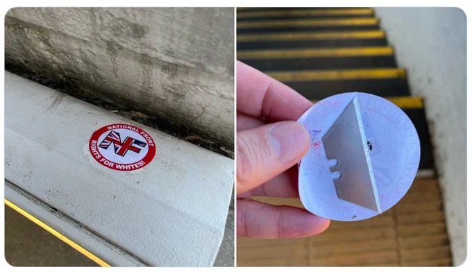 Photograph of a sticker from a far-right organisation that when removed has a razor blade stuck to it.