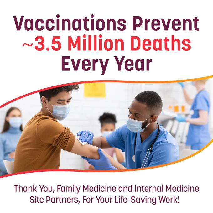 Vaccinations Prevent ~3.5 Million Deaths Every Year. Thank You, Family Medicine/ Internal Medicine Site Partners, For Your Life-Saving Work! 