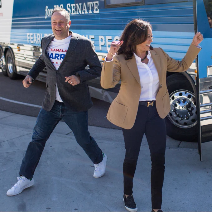 Vice President Kamala Harris and Second Gentleman Douglas Emhoff during her "Fearless for the People tour" while running for senate.