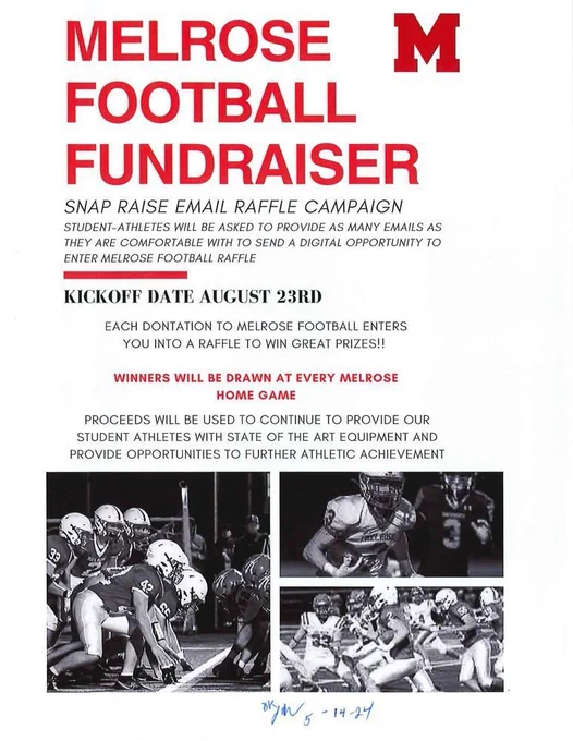 Melrose football fundraiser flyer with pictures from last season.