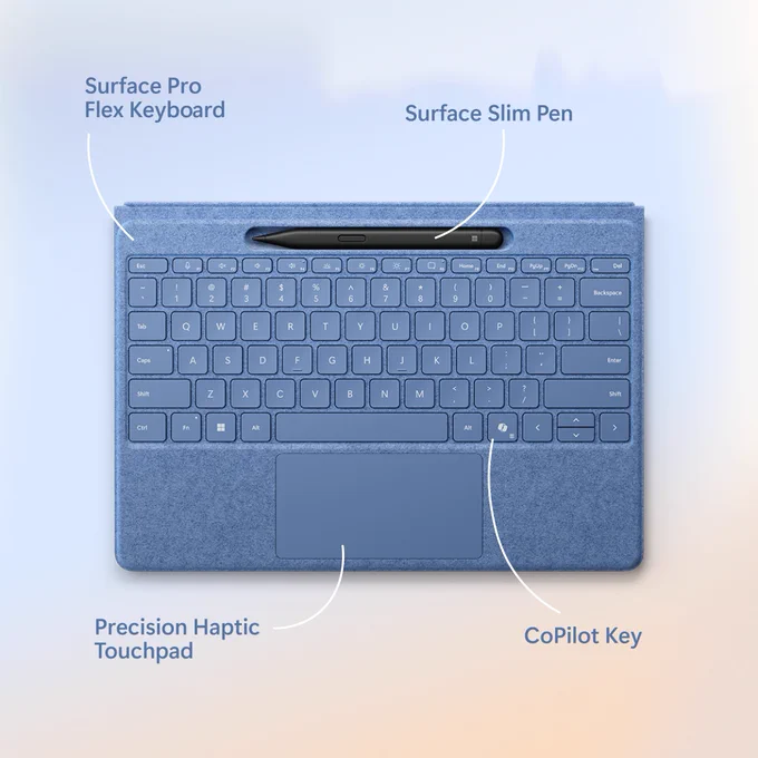 Surface Pro Flex Keyboard in Sapphire with the words: Surface Pro Flex Keyboard, Surface Slim Pen, Precision Haptic Touchpad, and Copilot Key. There’s a line pointing to the word and feature.
