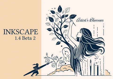 About Screen image by Inkonic, modified by Pacer, CC-By-SA 4.0, showing two female silhouettes drawing a tree. Text: Inkscape 1.4 Beta2, Artist's Blossom.