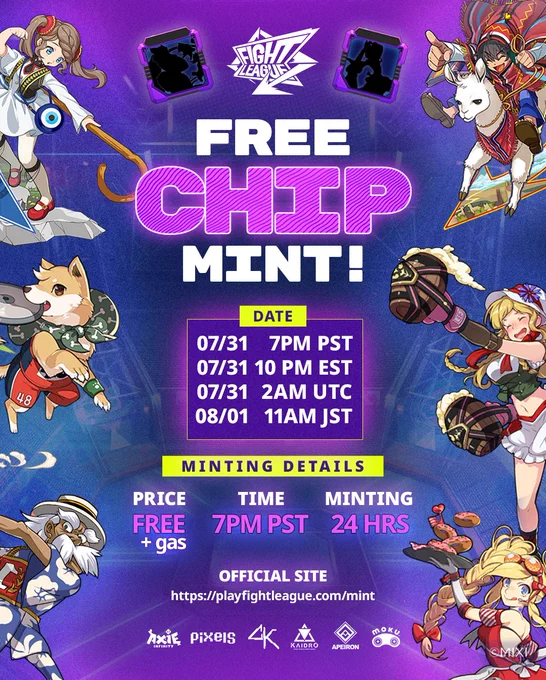 Free CHIP NFT mint on Ronin 7/31 7pm PST. Play Fight League, mobile survivor game with onchain assets.