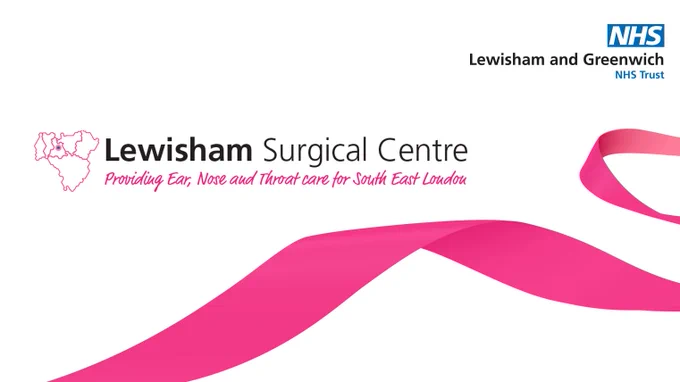 An image of the Lewisham Surgical Centre logo, which is an outline of south east London with a dot showing when the centre is. The main logo text reads 'Lewisham Surgical Centre' in the NHS font, and the strapline reads "Providing Ear, Nose and Throat care for South East London' in pink script. The logo sits on a white background atop a pink ribbon graphic, with the Lewisham and Greenwich NHS Trust logo in the top right.