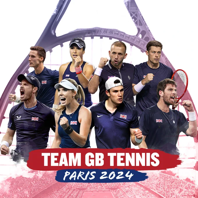 A graphic including pictures of Joe Salisbury, Heather Watson, Dan Evans, Neal Skupski, Andy Murray, Katie Boulter, Jack Draper & Cam Norrie, with the text 'Team GB Tennis Paris 2024' 

Behind them is a tennis racket, looking like the Eiffel Tower 
