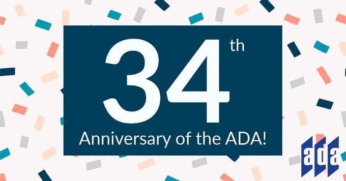 "34th Anniversary of the ADA!" overlaid a pink blue and gray sprinkle background. The ADANN blue doors logo is in the bottom right corner. 