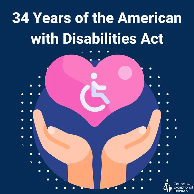 Dark blue background with a graphic of hands holding a heart with an icon that typically represents disabilities (person in wheelchair). The text reads, "34 Years of the American with Disabilities Act"