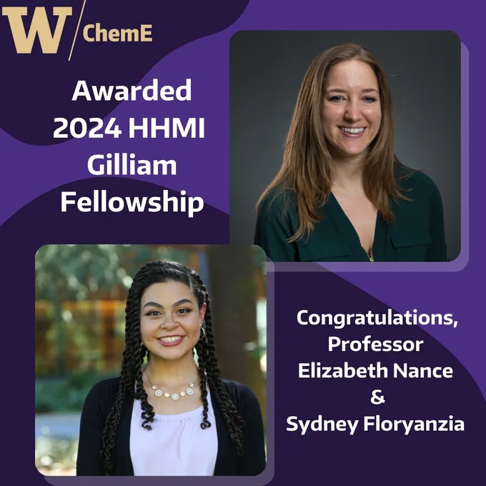 Congratulations to @UW ChemE Ph.D. student Sydney Floryanzia (@neurochemequeen) & Associate Professor Elizabeth Nance (@profnance) on being named a 2024 HHMI (@HHMINEWS) Gilliam Fellowship student-adviser pair! 🎉 

Read more here:
https://www.cheme.washington.edu/news/article/2024-07-23/award-spotlights-decade-long-mentorship

#STEM
@uwengineering 