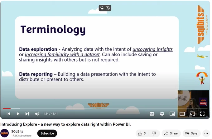Slide title: Terminology. Slide content: Data exploration - Analyzing data with the intent of uncovering insights or increasing familiarity with a dataset. Can also include saving or sharing insights with others but is not required. Data reporting - Building a data presentation with the intent to distribute or present to others. 