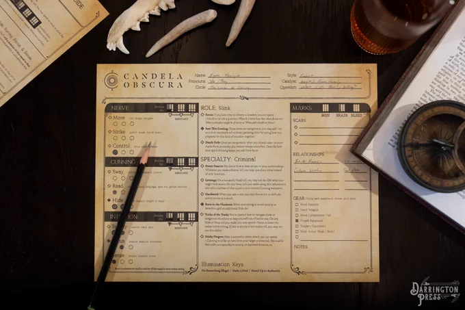 A photography of Darrington Press' Candela Obscura games character sheet. The character sheet of this d6, pass, fail, mixed-success system Candela Obscura uses is filled in with information for a level 1 character. Since Candela Obscura is a horror themed role playing game, the character sheet is aged to a scroll or parchment yellowing. 