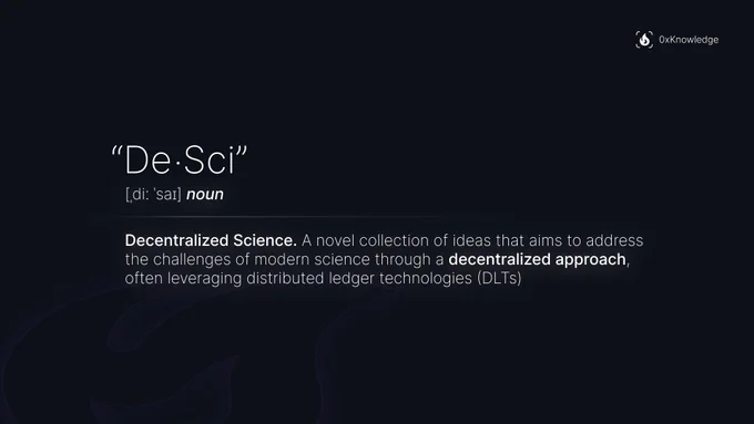 “De Sci” [ˌdiː ˈsaɪ] noun
Decentralized Science. A novel collection of ideas that aims to address the challenges of modern science through a decentralized approach, often leveraging distributed ledger technologies (DLTs)