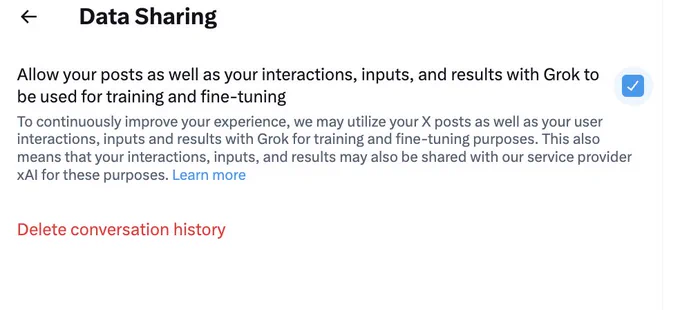 This is a screenshot of the "Data sharing" section in the X privacy settings. You can see the text that says Allow your posts as well as your interactions, inputs, and results with Grok to be used for training and fine tuning." 