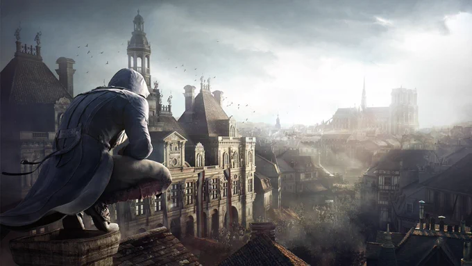 Arno stands on top of a rooftop while looking at Notre Dame de Paris.