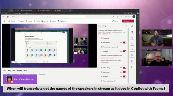 Join us as we explore several exciting new features in Microsoft Stream that are set to revolutionize the way you create and share videos at work in Microsoft 365. Feature Highlights: 1. Copilot in Stream 2. Edit & Preview Modes 3. Adding Forms and Callouts
4. Non-Destructive Trimming 5. New viewing options in SharePoint and Outlook … and much more!

Whether you're looking to enhance your video editing capabilities or improve viewer engagement, these features are designed to elevate your digital storytelling.  Mark your calendar to learn how you can start using these great new features in Microsoft Stream today!