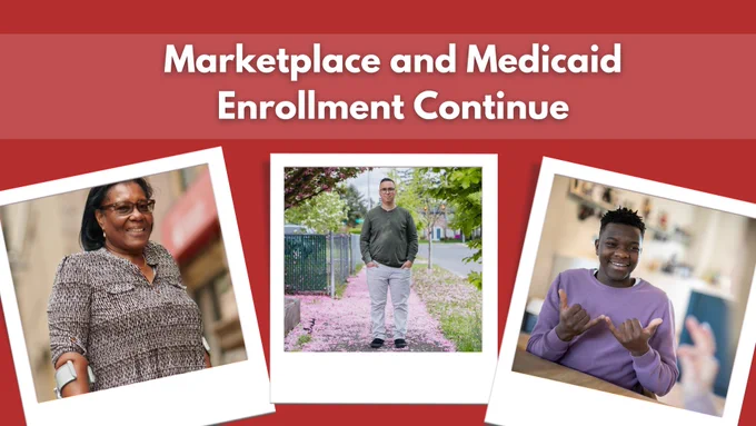 Marketplace and Medicaid enrollment continue. Woman with crutches. Man standing on sidewalk. Young man signing in American Sign Language. 