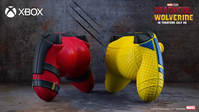 The two controllers from the Deadpool and Wolverine Xbox Cheeky Controller Sweepstakes face away from each other with their "butts" in the middle. The Xbox logo is shown in the top left corner. The Marvel Studios Deadpool and Wolverine logo is shown in the top right corner. Text just underneath it reads: "In theaters July 26"