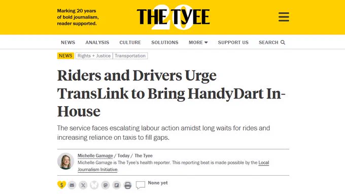 Image of yellow Tyee banner with headline: Riders and Drivers Urge TransLink to Bring HandyDART In-House