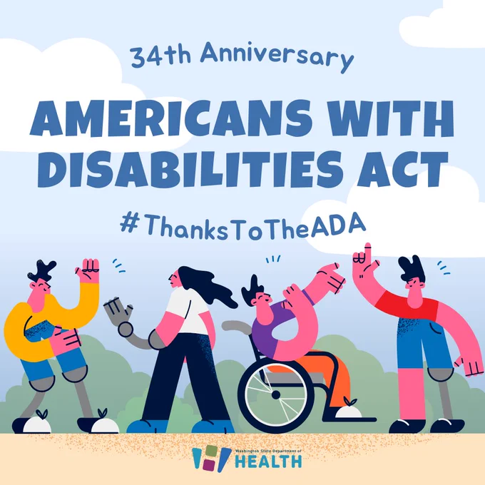 Illustration celebrating the 34th Anniversary of the Americans with Disabilities Act, featuring four diverse individuals including one in a wheelchair, enjoying a sunny outdoor setting. Text on image reads "34th Anniversary Americans with Disabilities Act #ThanksToTheADA.