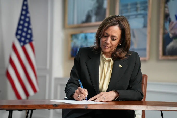 Vice President Harris signs forms declaring her candidacy for President of the United States.
