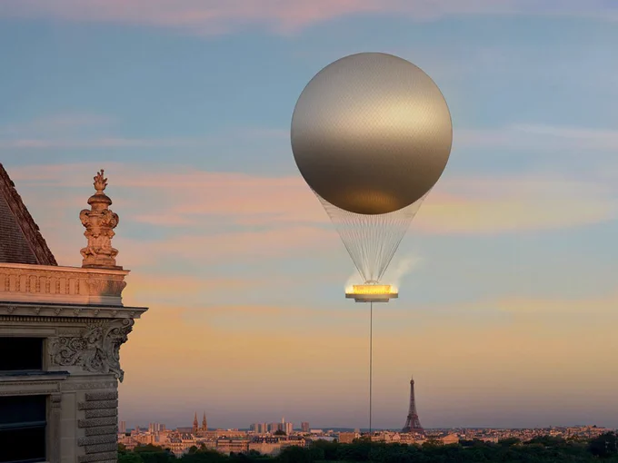 Photographie de la vasque des Jeux olympiques dans les airs. 