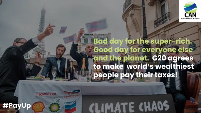 For the first time, G20 governments have agreed on the need to tax the super-rich for the benefit of everyone else and planet. 

⛵️🛩️💰World's wealthiest: it's time to #PayUp!

CAN's reaction ⬇️
https://climatenetwork.org/2024/07/27/g20-agree-to-make-the-super-rich-pay-their-taxes/