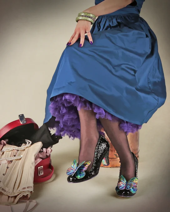 Irregular Choice 'Madame Mariposa' Heels. Black glitter slip-ons with a large 3D rainbow butterfly