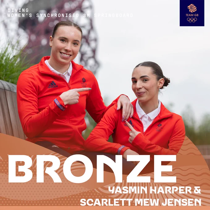 Bronze medal graphic featuring Yasmin Harper and Scarlett Mew Jensen.
