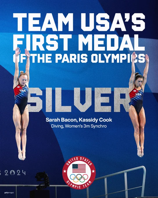 Silver medal graphic for Kassidy Cook and Sarah Bacon; graphic reads Team USA's first medal of the Paris Olympics - Diving Women's 3m Synchro 
