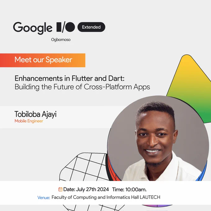 *Meet a speaker*

Tobiloba Ajayi is a Mobile Engineer, a child of God (by Grace) and a  Technology Enthusiast.

With over 4 years of experience in mobile app development, Tobiloba has expertise in crafting high-quality applications. He has worked with dynamic startups like Sumiffy and DynaTech, playing a key role in building and maintaining their mobile apps.

Learn about _*"Enhancements in Flutter and Dart: Building the Future of Cross-Platform Apps"*_ with Tobiloba at Google I/O Extended Ogbomoso. 

 *Register now:* https://bit.ly/io-extended-ogbo-2024